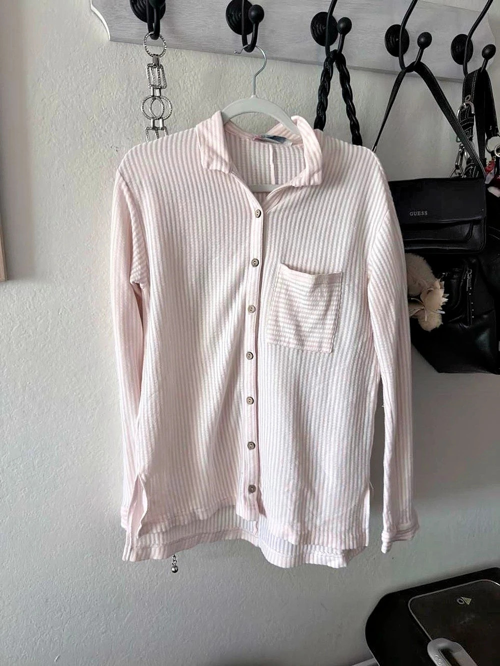 Free People Beach Striped Button Down in Pink & White Size XS